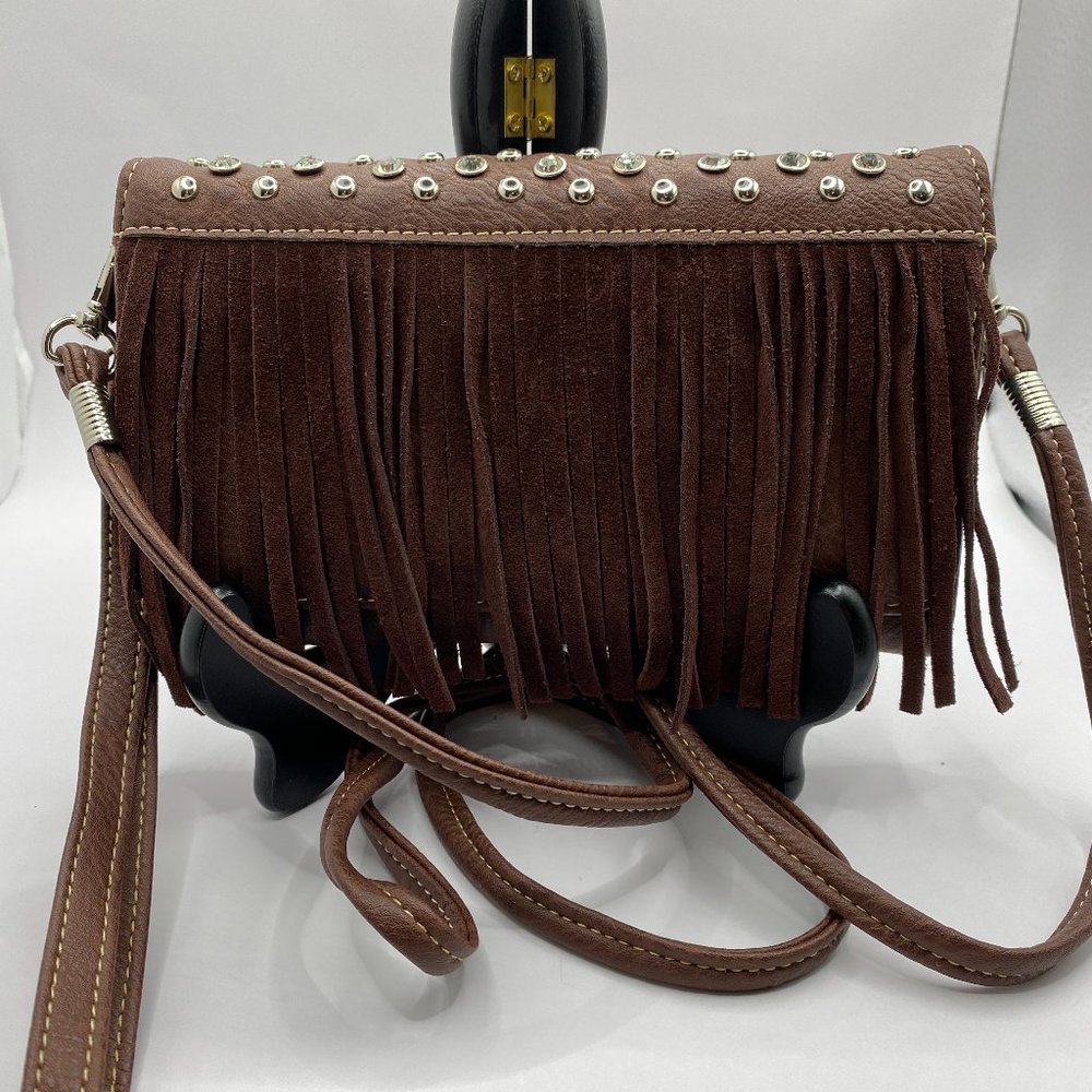 Boho fringe style brown imitation leather cross body purse